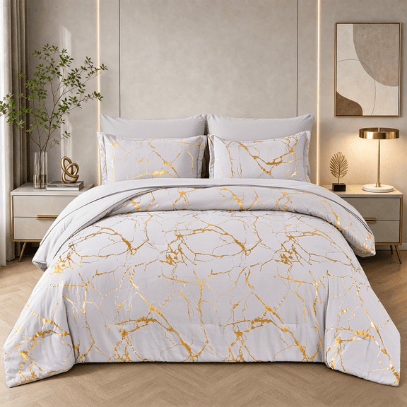Flymme Grey Marble Comforter Sets Queen Size Bed in a Bag 7 Pieces Modern Gold Marble Texture Bedding Comforter Set with Sheets for All Season