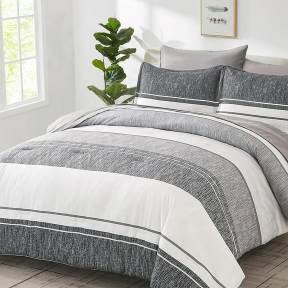 Flymme Grey and White Comforter Set Full Size Bed in a Bag 7 Piece Striped Bedding Set All Season Striped Comforter Set with Sheets for Teen Man Women