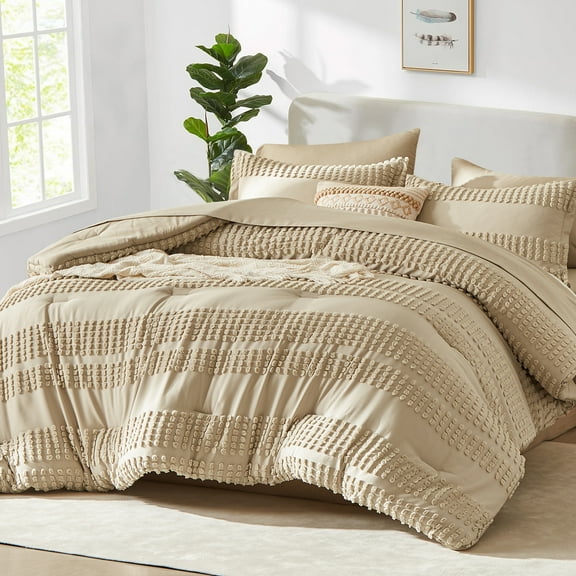 Flymme Khaki Comforter Set Queen Size Boho Bedding Shabby Chic 7-Piece Bed in a Bag Pom Pom Textured Comforter Set with Sheets for All Season
