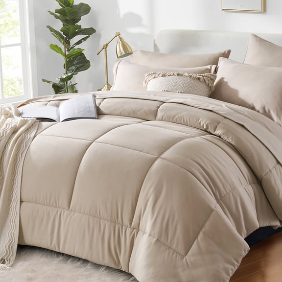 Flymme Khaki Comforter Set with Sheets,7 Pieces Bed in a Bag Queen Bed Sets Lightweight Microfiber Modern Complete Bedding Sets for All Seasons