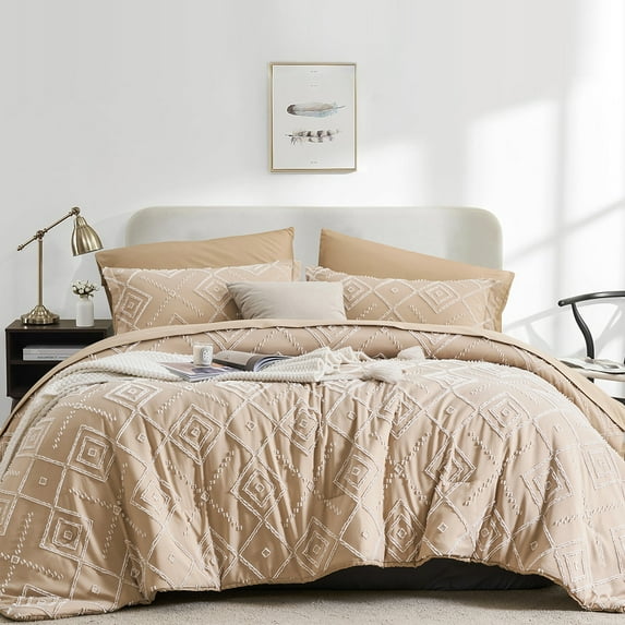Flymme Khaki Tufted Comforter Set Queen Size 7 Piece Bed in a Bag Shabby Chic Boho Comforter and Sheet Set Soft Microfiber Complete Bedding Sets