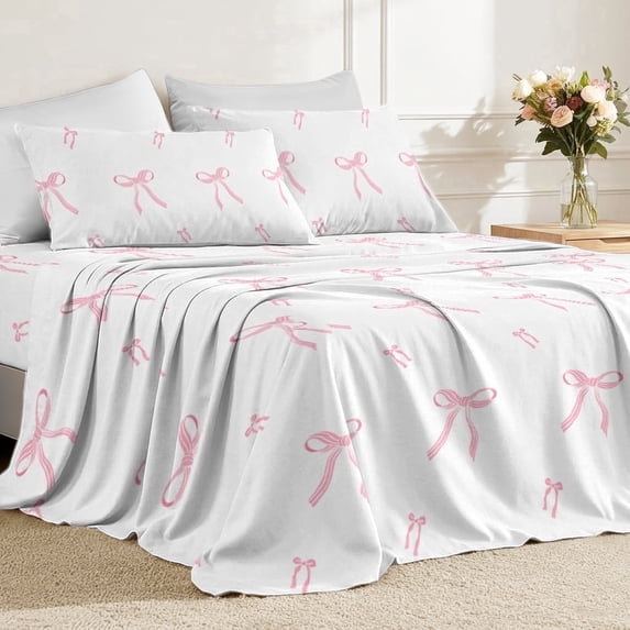 Flymme King Size 4 Piece Girls Sheet Set,Comfy Breathable Bed Sheets Set,Luxury Pink Bow Bedding for Women Bedroom Decor