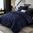thumbnail image 1 of Flymme King Size Comforter Set 7 Pieces Pintuck Bed in a Bag Dark Blue Comforter King Pinch Pleat Soft Microfiber Bedding Set for All Season, 1 of 8