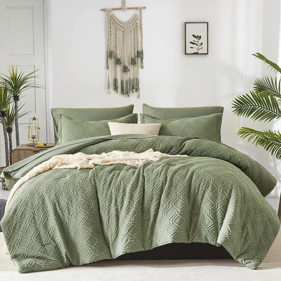 Flymme King Size Comforter Set with Sheets,7 Pieces Green Bed in a Bag King Geometric Textured Shabby Chic Bedding Sets for Man Women Bedroom Décor