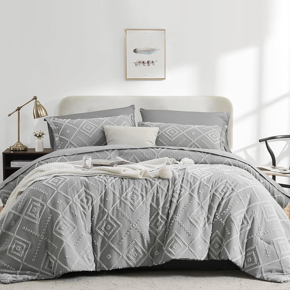 Flymme King Size Comforter Sets Bed in Bag 7 Piece Gray Boho Bedding Shabby Chic Comforter and Sheet Set Soft Microfiber Bed Set for All Season