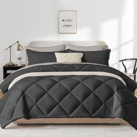 Flymme King Size Comforter Sets Black ,7 Pieces Bed in a Bag King Quilted Diamond Complete Bedding Sets with Comforter, Sheet, Pillowcases & Shams