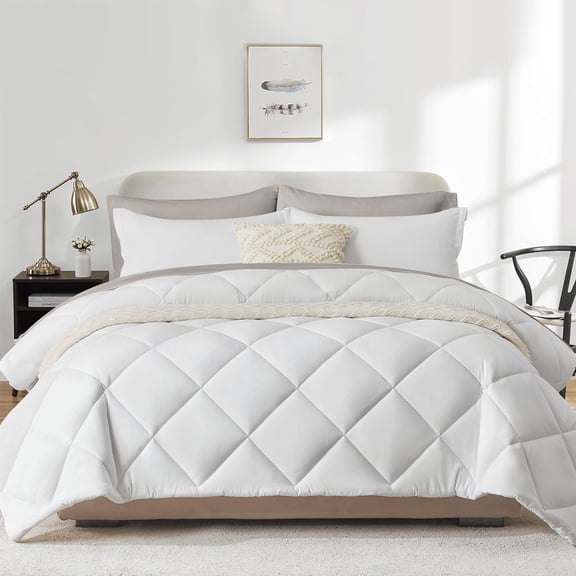 Flymme King Size Comforter Sets White,7 Pieces Bed in a Bag King Quilted Diamond Complete Bedding Sets with Comforter, Sheet, Pillowcases & Shams