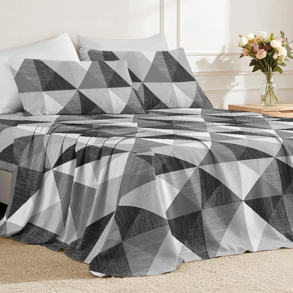 Flymme King Size Sheet Set,4 Piece Comfy Breathable Geometric Bed Sheets,Modern Gray and Black Abstract Bedding for Women, Men Bedroom Decor