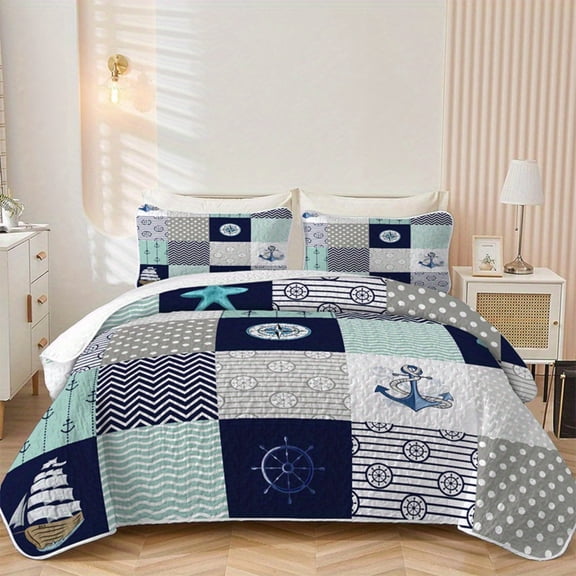 Flymme Nautical Quilts for King Bed,3 Pieces Plaid Patchwork Ocean Bedspread, Sailboat and Anchor Print Coastal Bedding Coverlet for Bedroom Decor