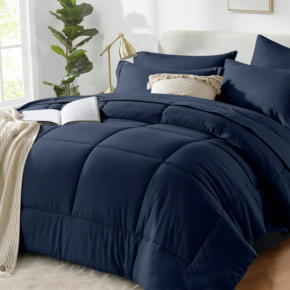 Flymme Navy Blue Comforter Set King Bed in a Bag Complete Set 7 Pieces Solid Color Quilted Warm Bed Set for All Seasons