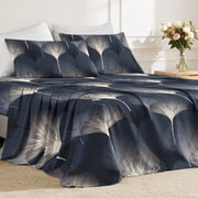 Flymme Navy Blue Sheet Set Queen Size,4 Piece Ginkgo Leaf Print Bed Sheets,Soft Microfiber Bedding with 18" Deep Pocket Fitted Sheet ,Perfect Gift for Home Decor