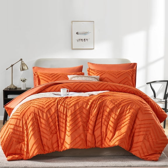Flymme Orange Comforter Set with Sheets 7 Pieces Queen Bed in a Bag, Geometric Bedding Sets Soft Microfiber Shabby Chic Bed Set for All Season
