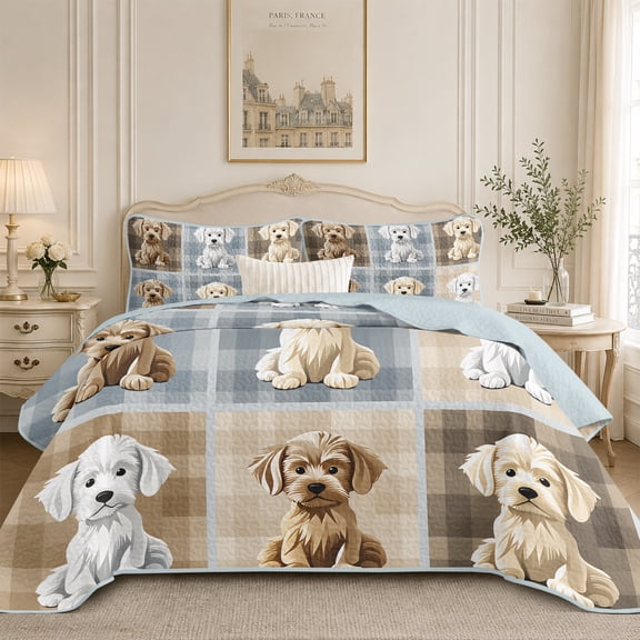 Flymme Patchwork Quilt Set Twin Size,2 Piece Cute Dog Print Bedspread Coverlet for Room Decor,Animal Themed Bedding Sets with Pillowcase,All Season