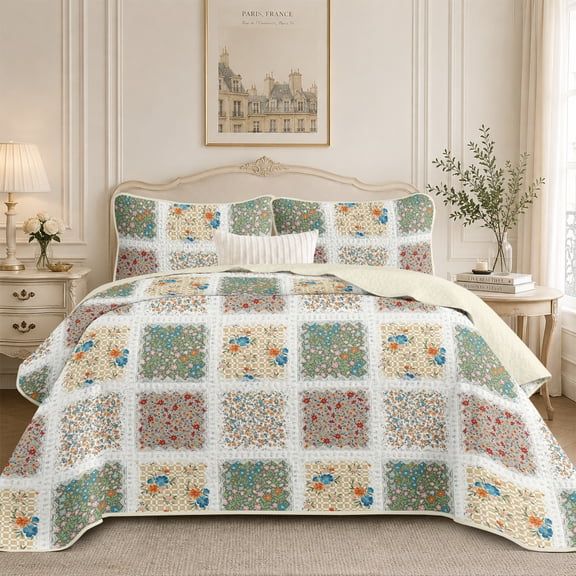Flymme Patchwork Quilt Set Twin Size, 2 Pieces Floral Plaid Lightweight Bedspread Coverlet Set,Reversible Bed Cover Farmhouse Bedding for All Season