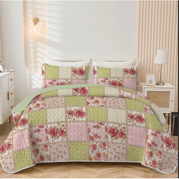 Flymme Patchwork Quilts for Queen Bed,3 Pieces Ultra Soft Lightweight Bedspread Coverlet Sets,Green & Pink Floral Bedding Set with Pillowcases for Bedroom Decor
