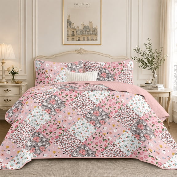 Flymme Patchwork Quilts for Twin Bed,2 Pieces Pink Floral Pattern Lightweight Bedspread 68" x 85",Soft Microfiber Coverlet Shabby Chic Bedding Set for Women Bedroom Decor