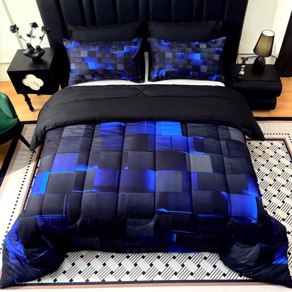 Flymme Queen Comforter Set,3 Piece Neon Geometric Checkered Bedding Set for Teen Men Gamer Room Decor Grids Quilt Square Plaid Check Bed Set for All Season