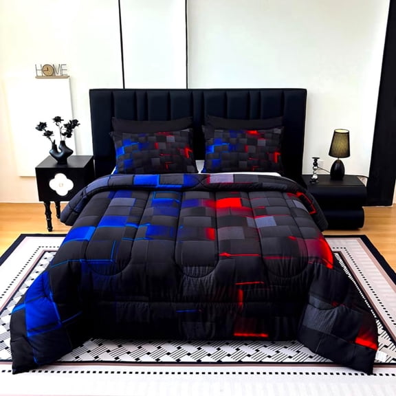 Flymme Queen Comforter Set,3 Piece Neon Geometric Checkered Bedding Sets for Teen Men Gamer Room Decor Grids Quilt Square Plaid Check Bed Set for All Season
