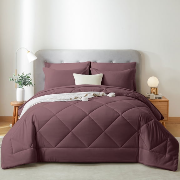 Flymme Queen Comforter Set 7 Pieces, Bed in a Bag Modern Diamond Pattern Bed Set Soft Microfiber Complete Bedding Sets,Eggplant Purple