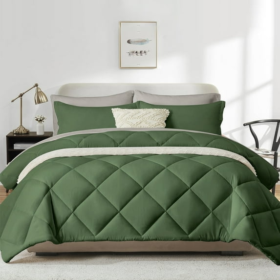 Flymme Queen Comforter Set with Sheets, 7 Pieces Bed in a Bag Queen Bed Sets Quilted Diamond Complete Green Bedding Sets for Man Women Bedroom Decor