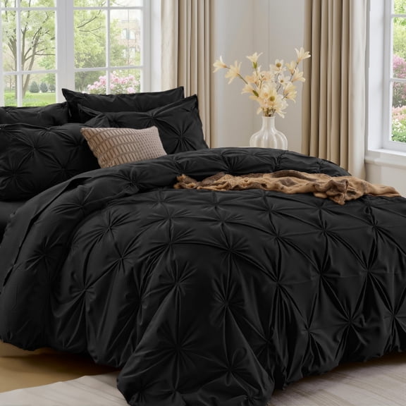 Flymme Queen Comforter Set with Sheets 7 Pieces Bed in a Bag Queen Size Bed Set Soft Microfiber Pinch Pleat Black Bedding Set for All Season