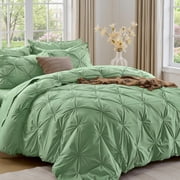 Flymme Queen Comforter Set with Sheets 7 Pieces Bed in a Bag Queen Size Bed Set Soft Microfiber Pinch Pleat Green Bedding Set for All Season