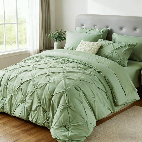 Flymme Queen Comforter Set with Sheets 7 Pieces Bed in a Bag Queen Size Bed Set Soft Microfiber Pinch Pleat Green Bedding Set for All Season