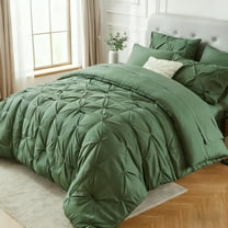 Flymme Queen Comforter Set with Sheets 7 Pieces Dark Green Bed in a Bag Queen Size Bed Set Soft Microfiber Pinch Pleat Bedding Set for All Season
