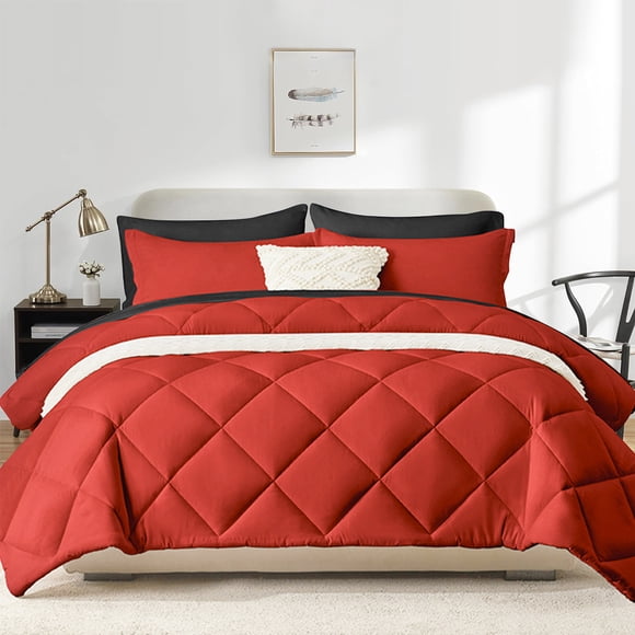 Flymme Queen Comforter Set with Sheets, 7 Pieces Red Bed in a Bag Queen Bed Sets Quilted Diamond Complete Bedding Sets for Man Women Bedroom Decor