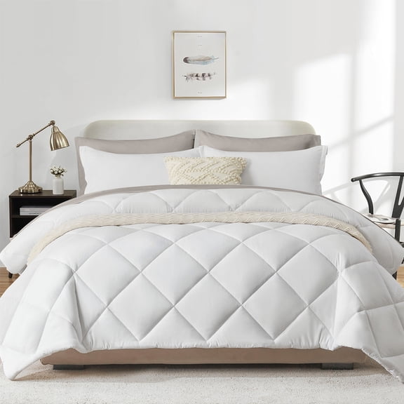 Flymme Queen Comforter Set with Sheets, 7 Pieces White Bed in a Bag Queen Bed Sets Quilted Diamond Complete Bedding Sets for Man Women Bedroom Decor