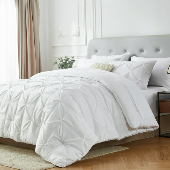 Flymme Queen Comforter Set with Sheets White 7 Pieces Bed in a Bag Queen Size Bed Set Soft Microfiber Pinch Pleat Bedding Set for All Season