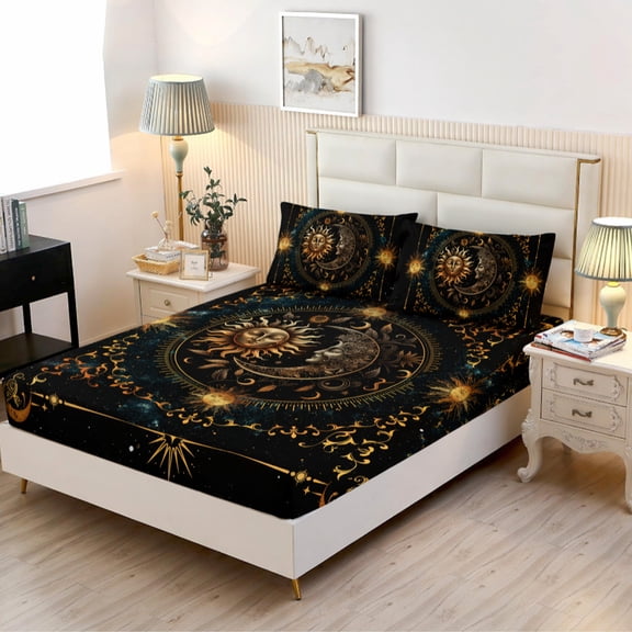 Flymme Queen Fitted Sheet Set 3-Piece Sun and Moon Print Bottom Bed Sheet with 2 Pillowcases,18" Deep Pocket Boho Bedding Sets for All Seasons