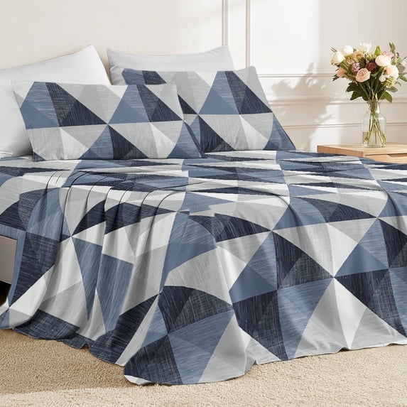 Flymme Queen Sheet Set Blue,4 Piece Soft Microfiber Bed Sheets with Flat Sheet,Abstract Geometric Bedding for Man Women Bedroom Decor