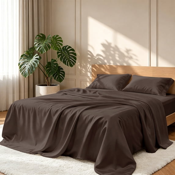 Flymme Queen Sheet Set Dark Brown 4-Piece Breathable Cooling Bed Sheets Sets,Soft Microfiber Luxury Bedding with 18" Deep Pocket for Bedroom Hotel Dorm