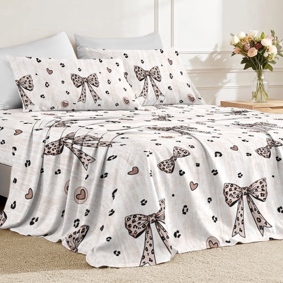 Flymme Queen Sheet Set,Leopard Print Bow with Heart Pattern Bed Sheets 4 Pieces Cute Bedding with 18 Inch Deep Pocket Sheets for Girls Women Bedroom Decor