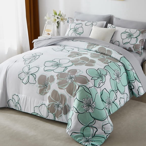 Flymme Queen Size Comforter Sets with Sheets,7 Pieces Queen Bed in a Bag Green Floral Bedding Set for Women Bedroom Decor