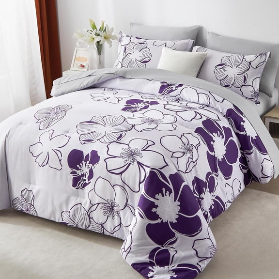 Flymme Queen Size Comforter Sets with Sheets,7 Pieces Queen Bed in a Bag Purple Floral Bedding Set for Women Bedroom Decor