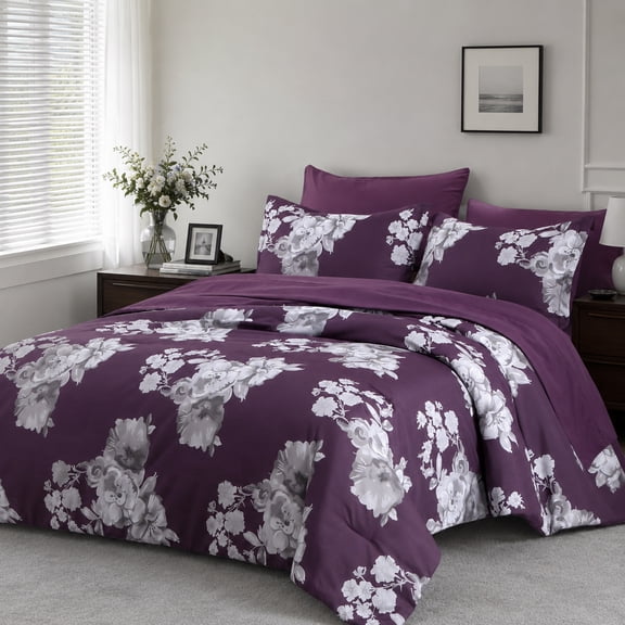 Flymme Queen Size Purple Floral Comforter Set with Sheets,7-Piece Bed in a Bag Queen Elegant White & Grey Botanical Print Bedding Set for Women Bedroom Decor