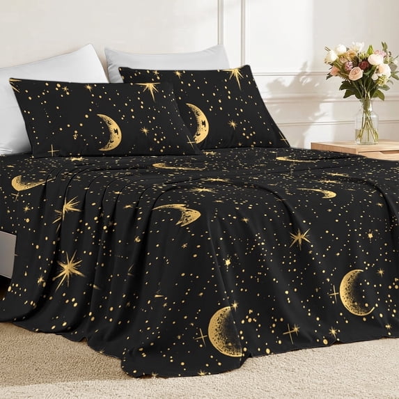 Flymme Queen Size Sheet Set,4 Piece Dreamy Moon & Star Bed Sheets Set for Man Women,Soft Microfiber Deep Pocket Bed Sheets for All Season