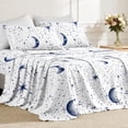 thumbnail image 1 of Flymme Queen Size Sheets Set White,4 Piece Soft Breathable Microfiber Bed Sheet Set, Moon & Star Pattern Bedding Deep Pocket Non-Slip Fitted Sheet Included for All Season, 1 of 8