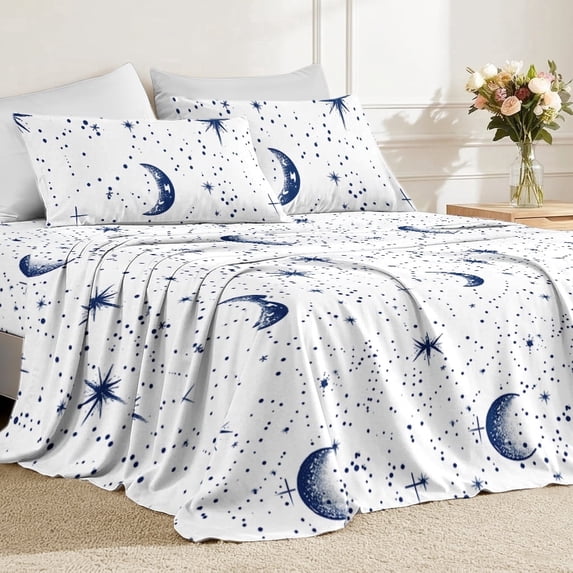Flymme Queen Size Sheets Set White,4 Piece Soft Breathable Microfiber Bed Sheet Set, Moon & Star Pattern Bedding Deep Pocket Non-Slip Fitted Sheet Included for All Season