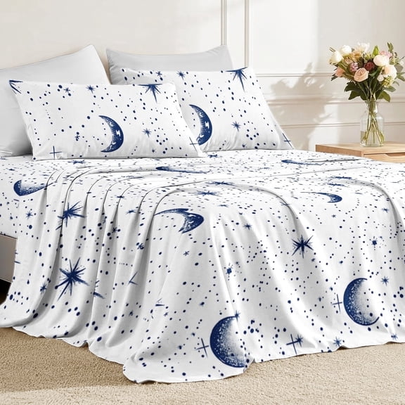 Flymme Queen Size Sheets Set White,4 Piece Soft Breathable Microfiber Bed Sheet Set, Moon & Star Pattern Bedding Deep Pocket Non-Slip Fitted Sheet Included for All Season