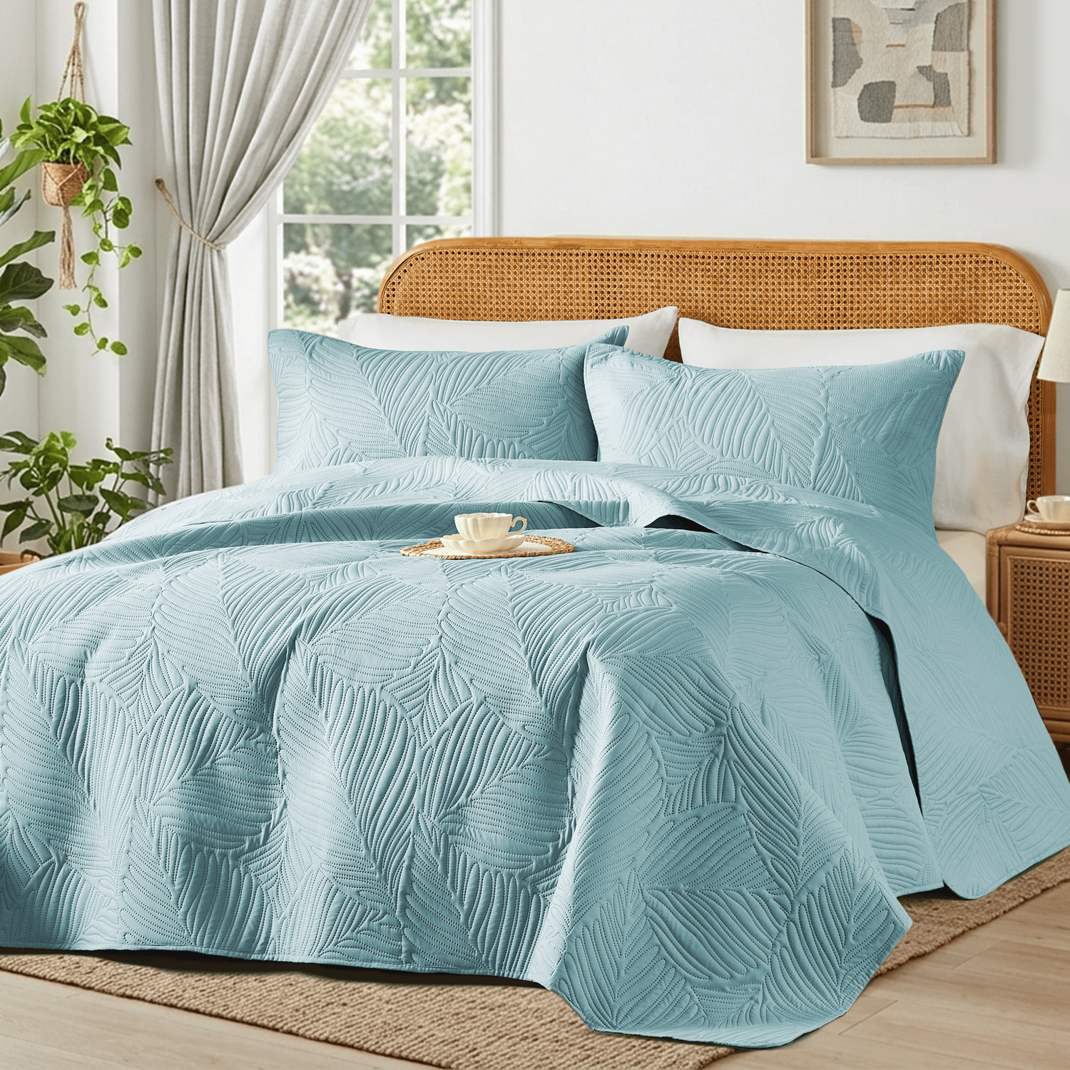 Flymme Quilt Bedding Sets Light Teal Bedspread for Queen Bed