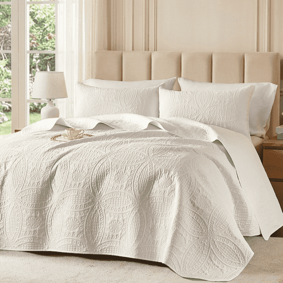 Flymme Quilt for King Beds,3-Piece Off White Bedspreads Soft Lightweight Coverlet Modern Style Coin Pattern Bed Cover Set for All Season
