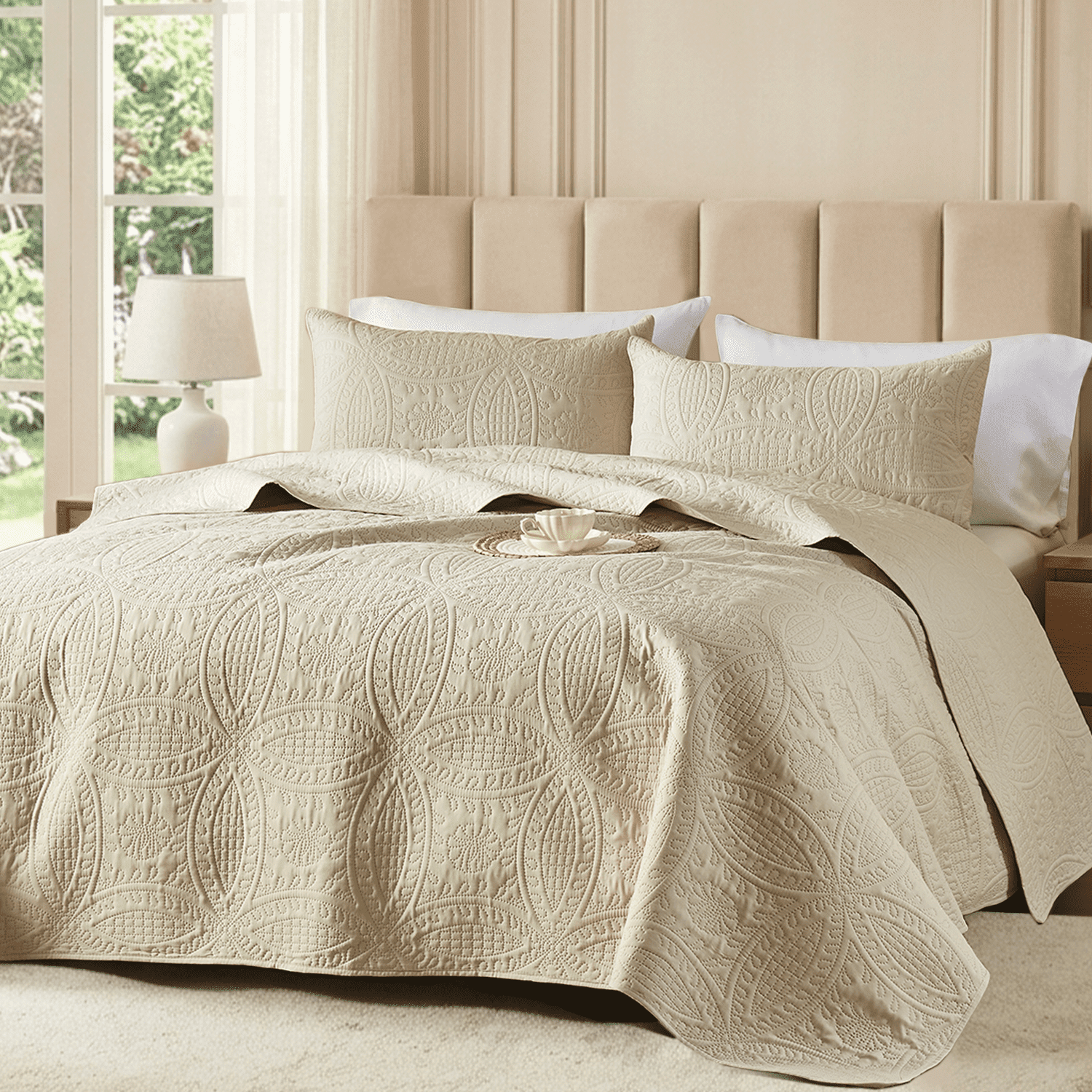 Flymme Quilt for King Beds Beige,3 Piece Soft Lightweight Bedspread with Pillow Sham, Modern Blanket Thin Comforter Bed Cover for Home Bedroom Decor