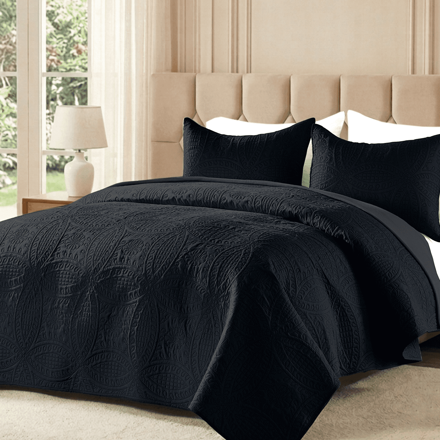 Flymme Quilt for King Beds Black,3 Piece Soft Lightweight Bedspread with Pillow Sham, Modern Blanket Thin Comforter Bed Cover for All Season