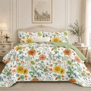 Flymme Quilts for King Bed, 3-Piece Reversible Lightweight Sunflower Pattern Bedspread with Pillow Shams,Vibrant Botanical Microfiber Coverlet Bedding Set for All Seasons