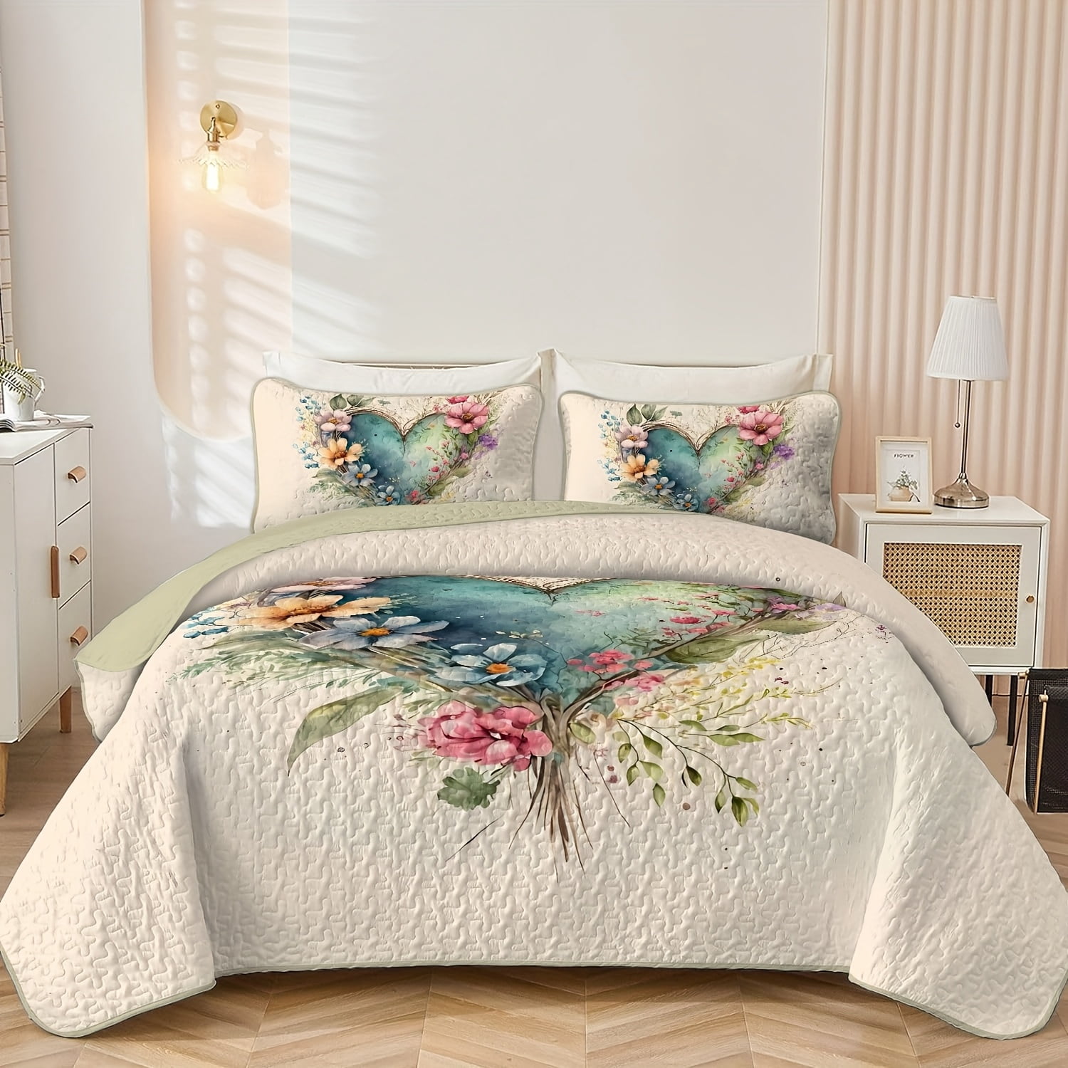 Flymme Quilts for Queen Bed,3 Piece Watercolor Floral Botanical Bedspread Coverlet Set，Heart Shape Flowers Bedding Sets with Pillow Sham for All Season