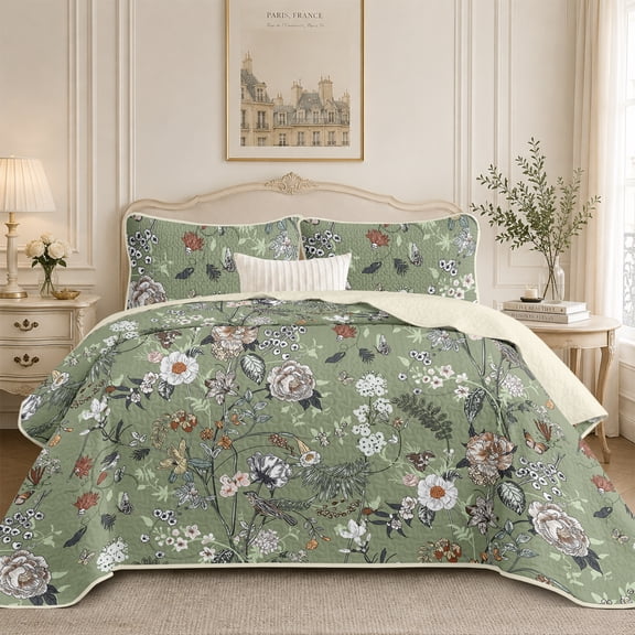 Flymme Sage Green Bedspread for Queen Size Beds,3 Pieces Floral Bird & Butterfly Print Quilt Bedding Set for Man Women Bedroom Decor