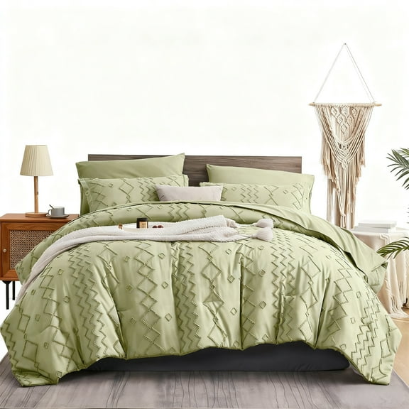 Flymme Sage Green Comforter Set Queen Size 7 Piece Bed in a Bag,Shabby Chic Boho Comforter Sets with Sheets ,Soft Microfiber Complete Bedding Set